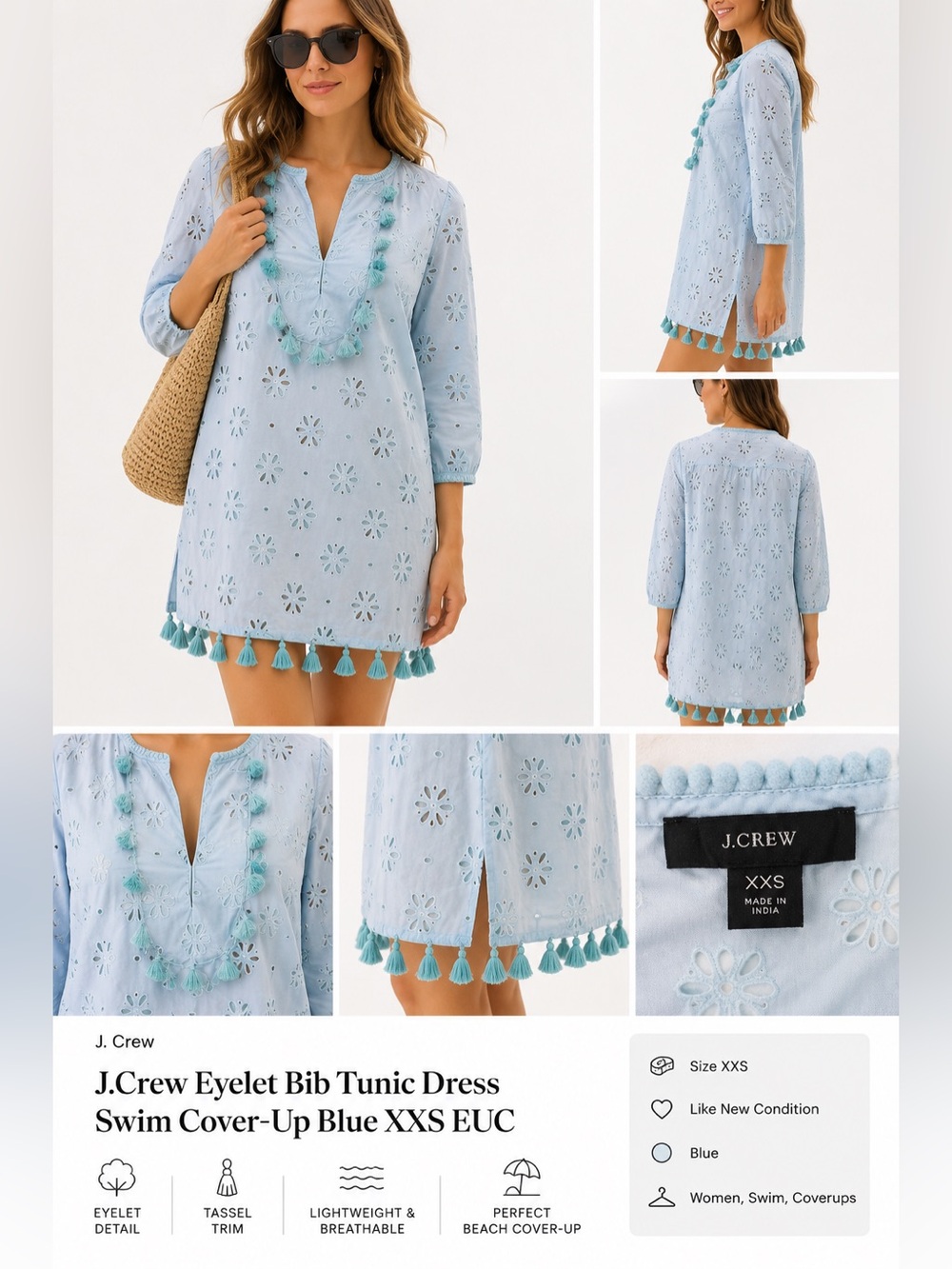 J.Crew Eyelet Bib Tunic Dress Swim Cover-Up Blue XXS EUC